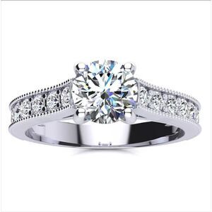 1 1/2 Carat Natural Round Diamond Ring  In 14K & Wedding Band